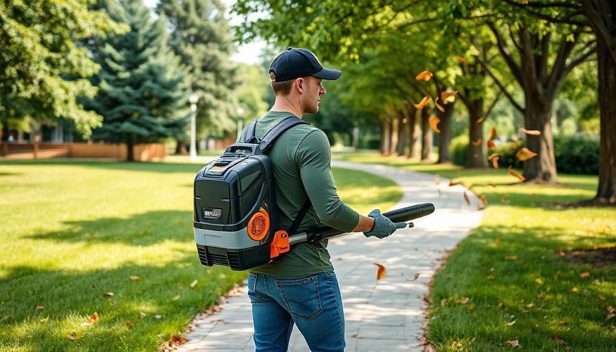 Man using battery-powered outdoor power equipment on a pathway.