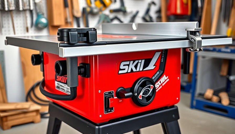 Modern Skil 8 1/4-inch table saw with detailed features.