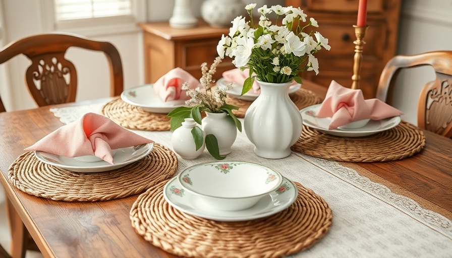 Classic Easter decor on rustic table setting with flowers and woven elements.