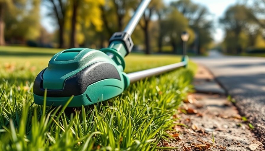 Green string trimmer showing guard safety on grass edge.