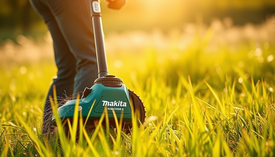 Man using Makita grass trimmer in a sunny field; 10% off Makita outdoor power equipment.