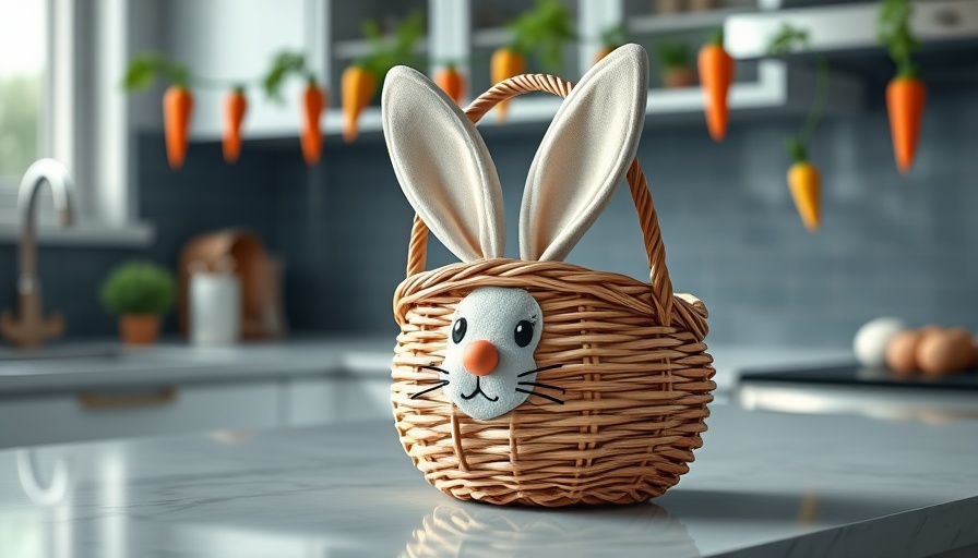 Charming Easter basket with bunny face and ears on countertop.
