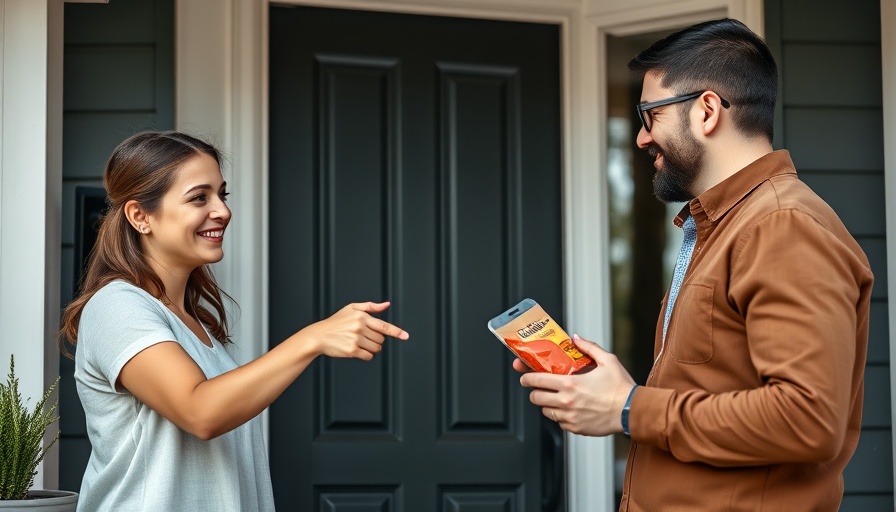 Couple interacting with smart doorbell for home security deals.