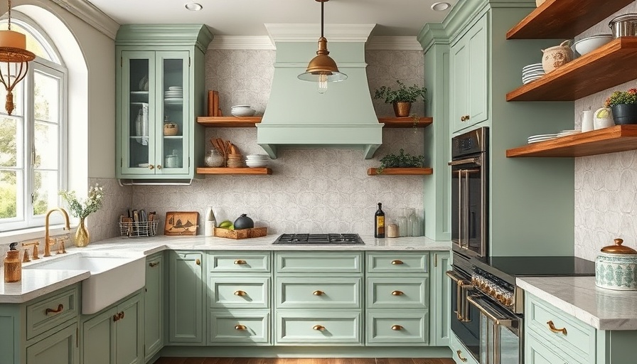 Brooklyn home design kitchen with vintage style and mint cabinetry.