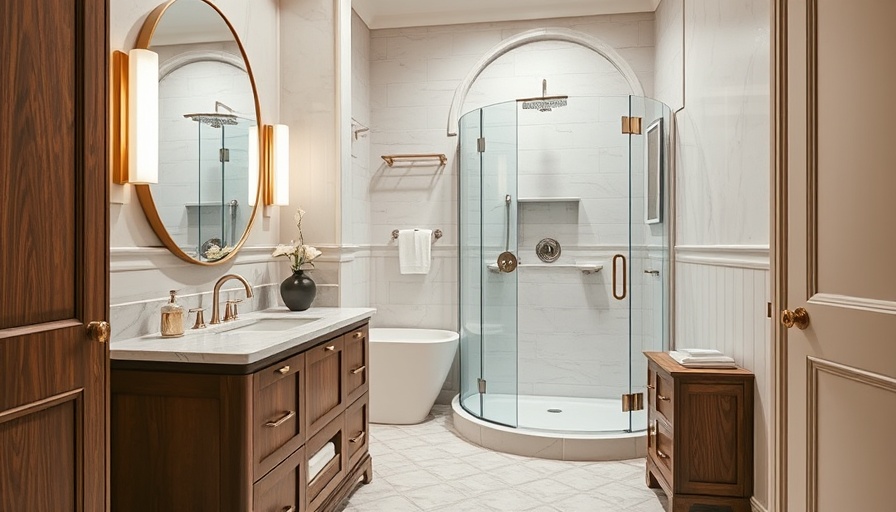 Luxury small bathroom design with marble and wood accents.