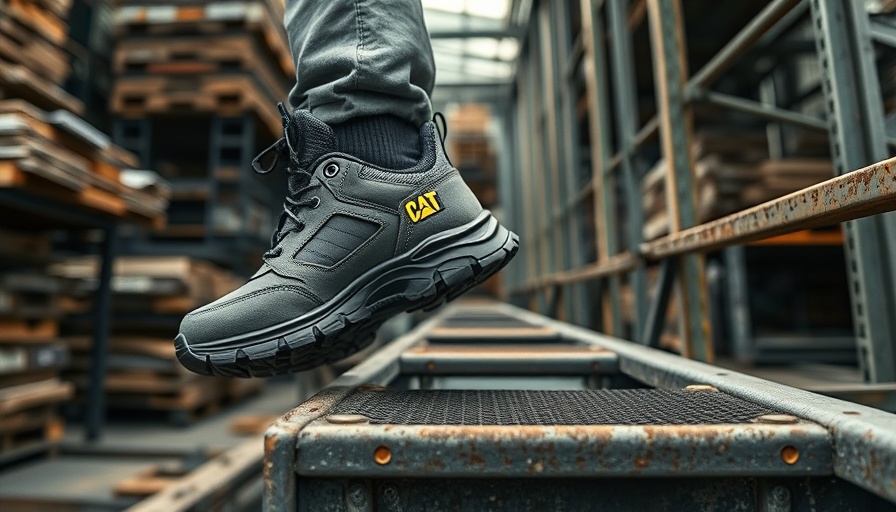 CAT Invader Sport work shoes on stairs in industrial setting