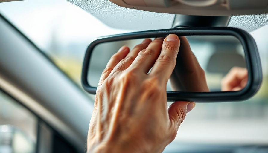 Close-up of hand adjusting rearview mirror settings.