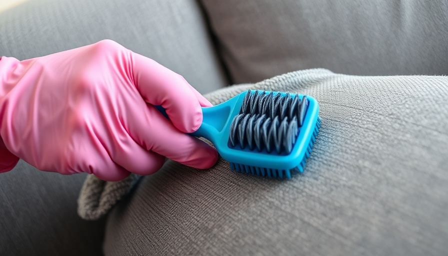Hand in pink glove using a blue brush on grey fabric for DIY cleaning hacks.