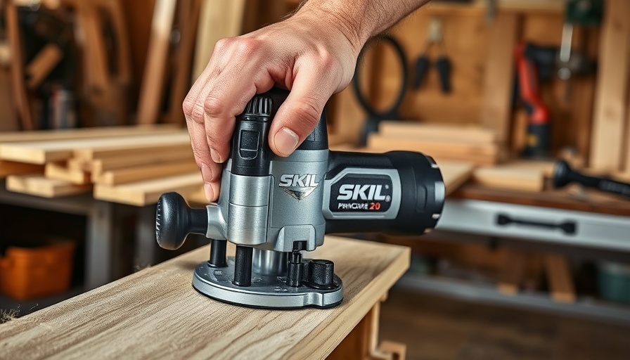 Close-up of Skil PWRCore 20 Brushless Compact Router in use in workshop.