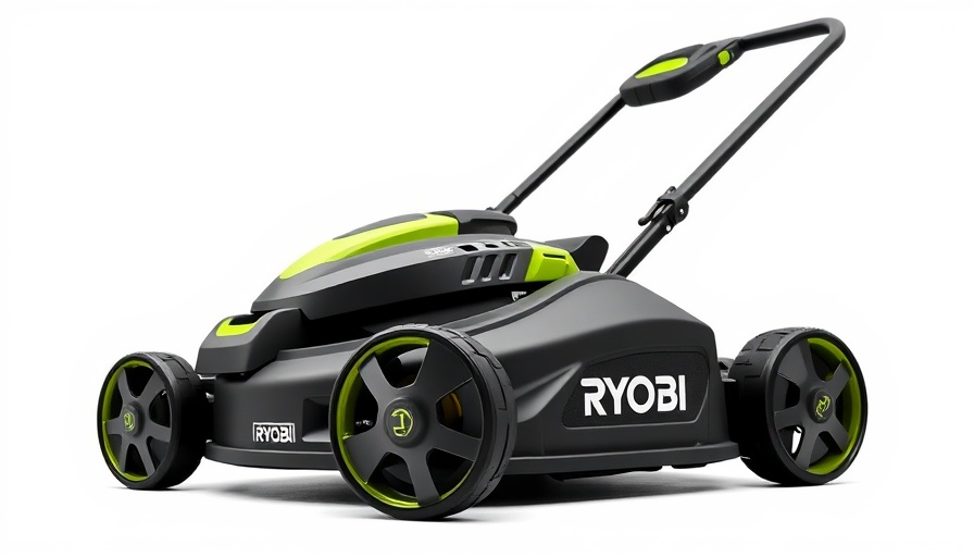 Modern Ryobi mower showcasing design and branding, promoting Ryobi mowers savings.