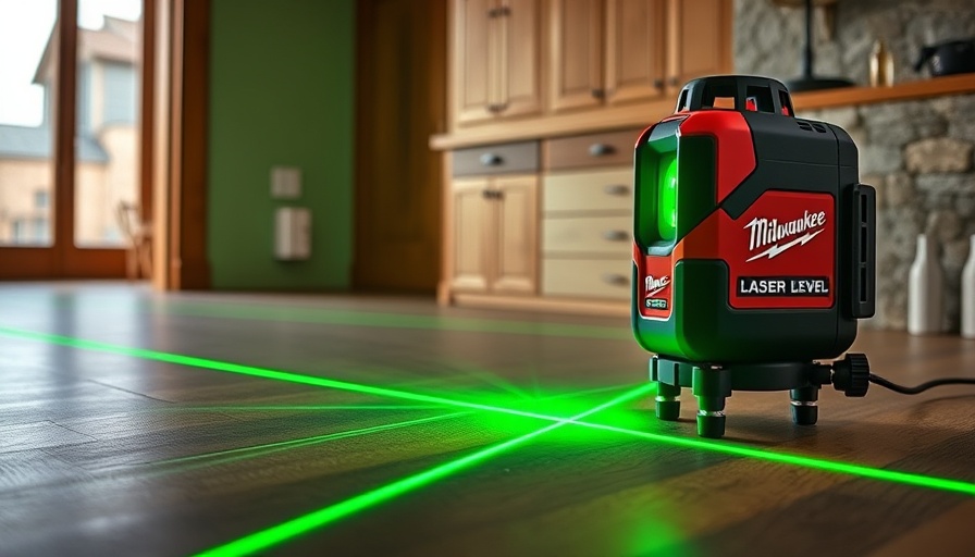 Milwaukee M12 Auto-Aligning Laser Level projecting green lines, modern room.
