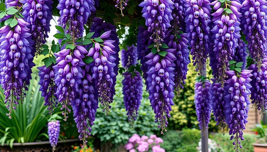 Lush purple wisteria vines in a garden setting