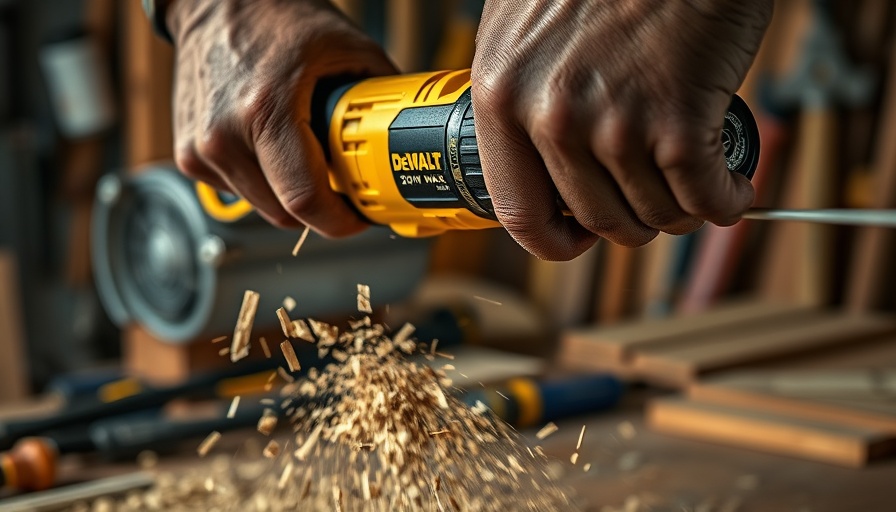 DeWalt 20V MAX XR hammer drill in use, creating wood shavings.