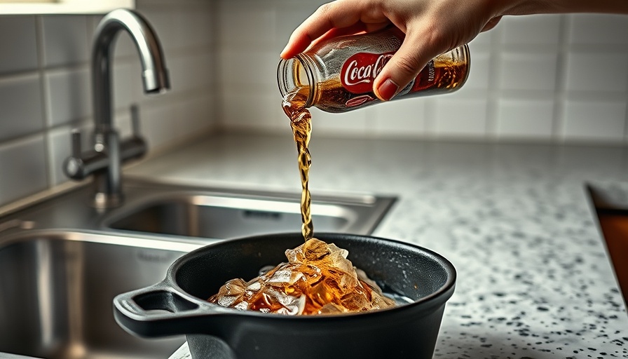 Hand pouring Coca-Cola into an old pan for home improvement hack.