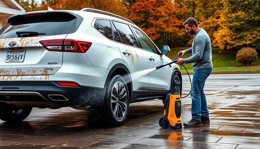 Man cleaning SUV with EGO 56V 2100 PSI pressure washer on driveway.