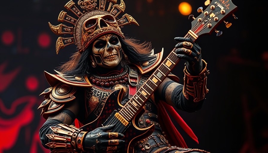 Rock musician in detailed armor makeup performing energetically on stage.