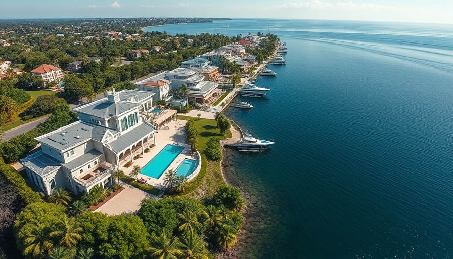 Luxury coastal estate area highlights climate risks with waterfront homes.