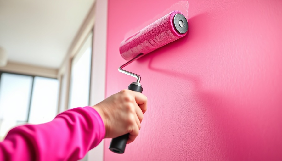 Close-up painting pink wall with roller, bright interior.