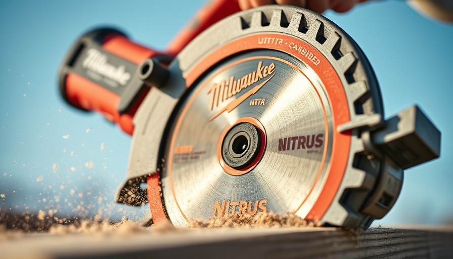 Milwaukee Nitrus Carbide circular saw blade cutting wood outdoors.