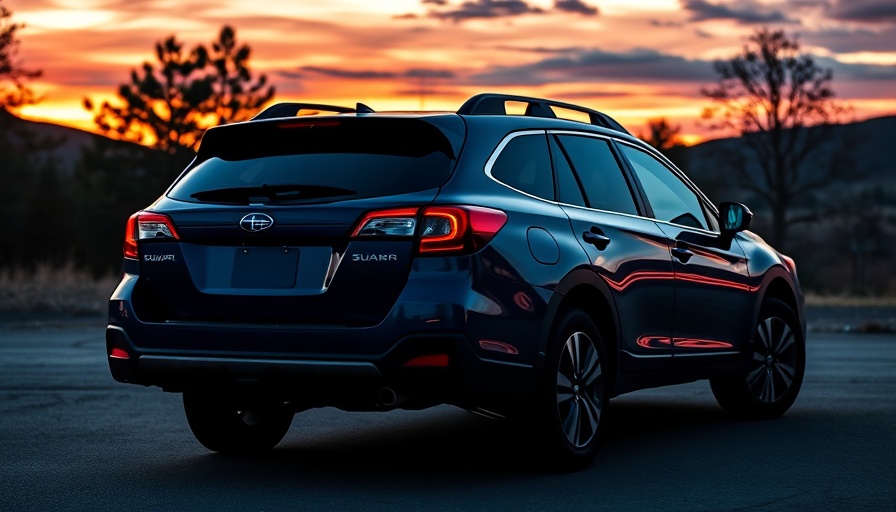 Blue Subaru Outback with ruler taillights against vibrant sunset backdrop