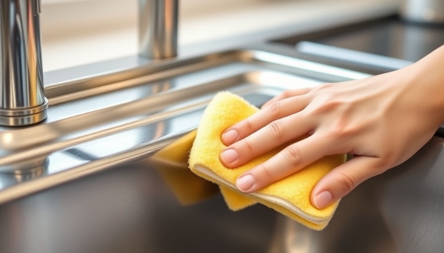 Hand polishing stainless steel sink with sponge, shiny surface.