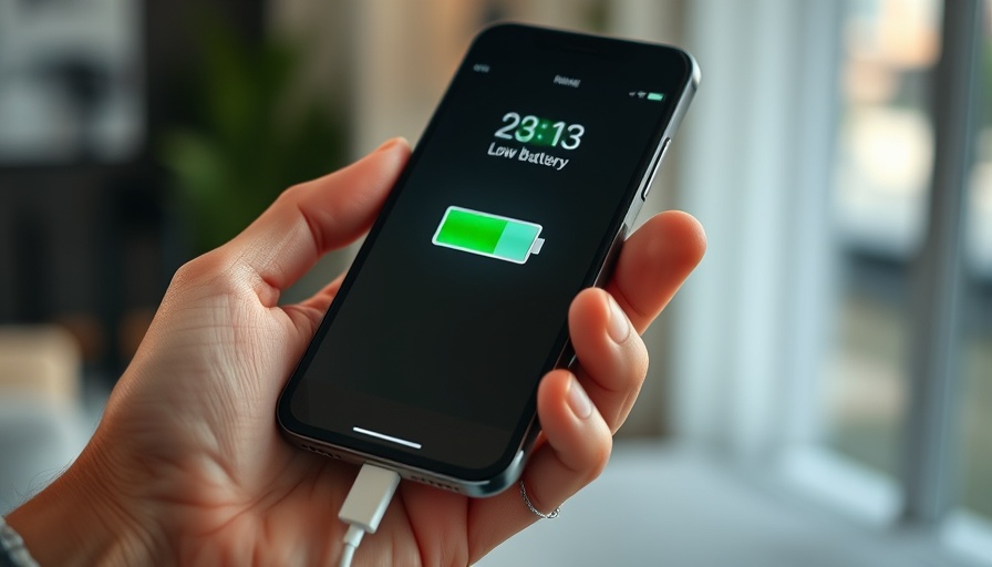 Smartphone displaying low battery icon with charging cable attached.