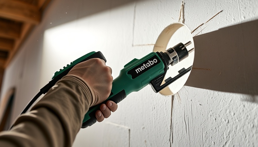 Close-up of Metabo HPT tool cutting drywall, detailed view.