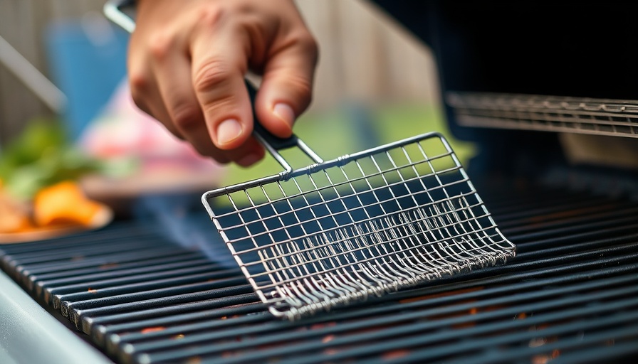 Close-up of a hand cleaning a grill with safety in mind.