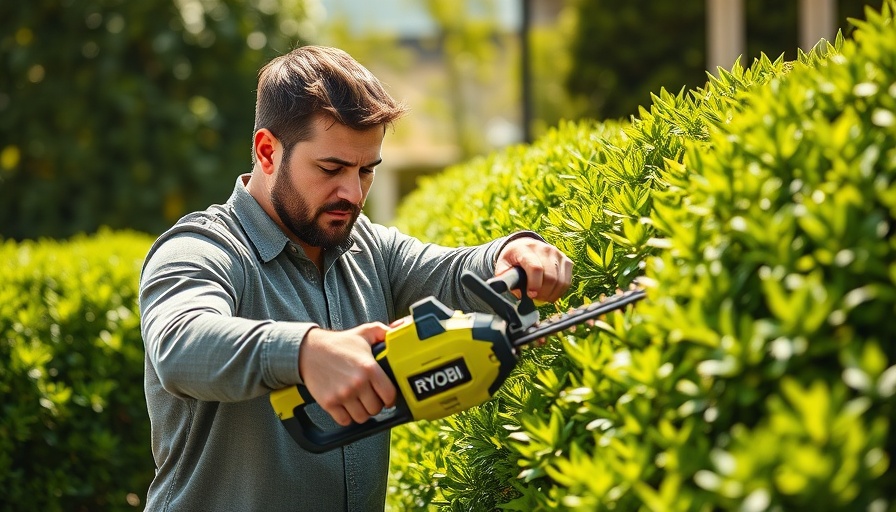 Man using Ryobi 18V 24-inch Hedge Trimmer on bushes.