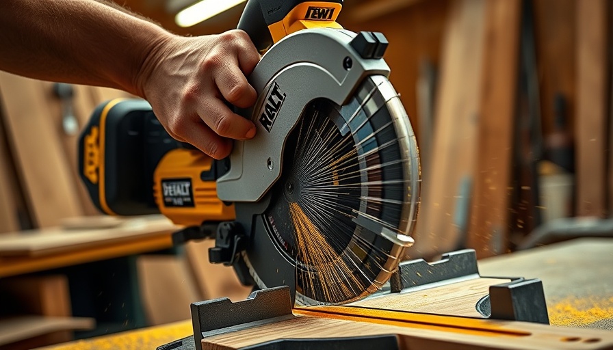 DeWalt 20V Max XR 10-Inch Miter Saw cutting wood in a workshop.