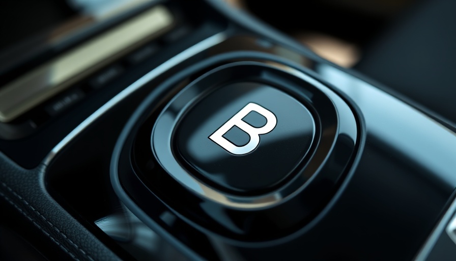 Close-up of gear shift showing 'B' symbol in a car.