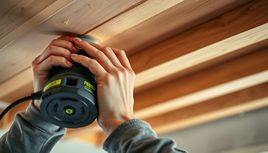 Person using Festool cordless random orbital sander on ceiling.