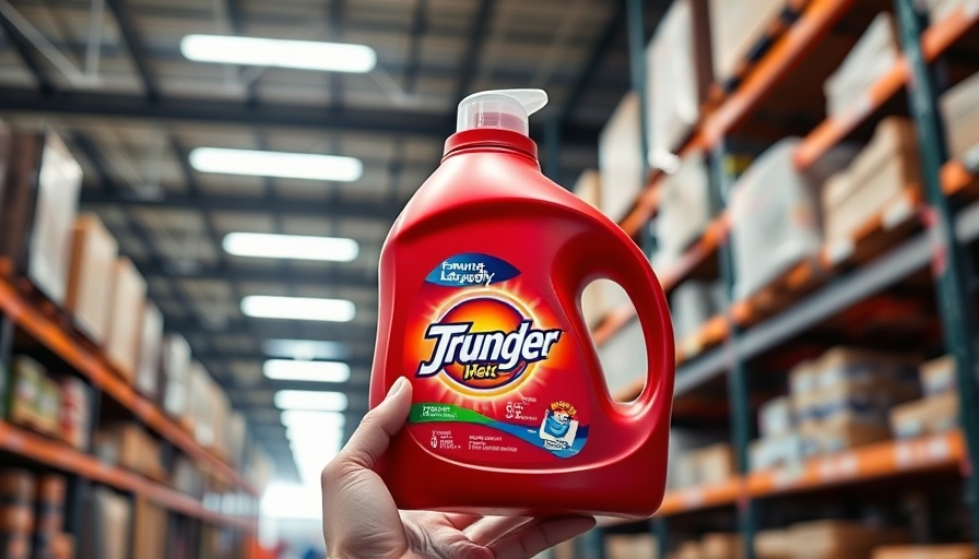 Costco laundry detergent displayed in-store with person picking it up.