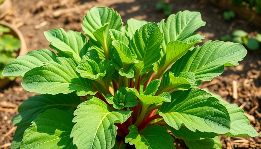 Lush rhubarb plant in garden bed ready for harvest.