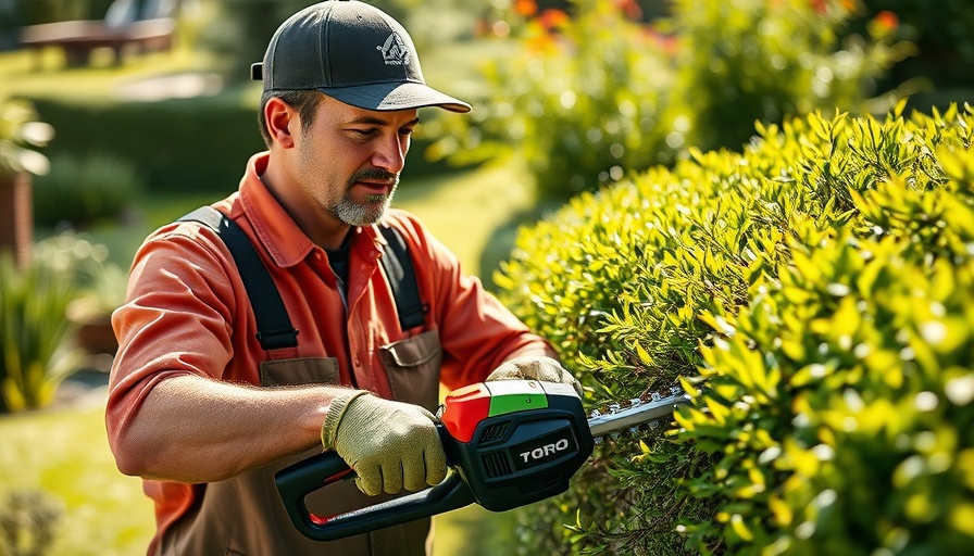Worker using Toro 60V Max Hedge Trimmer in lush garden.