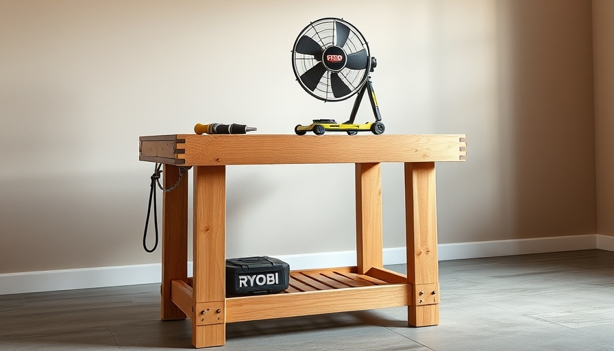 Ryobi Stowaway Folding Workbench with fan in review setting.