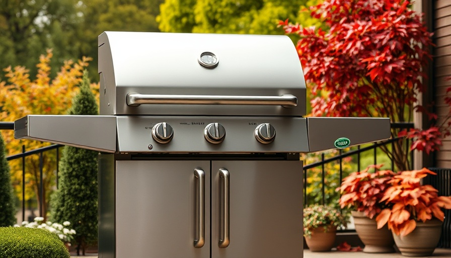 Eminence 425 Gas Grill on patio surrounded by autumn trees.