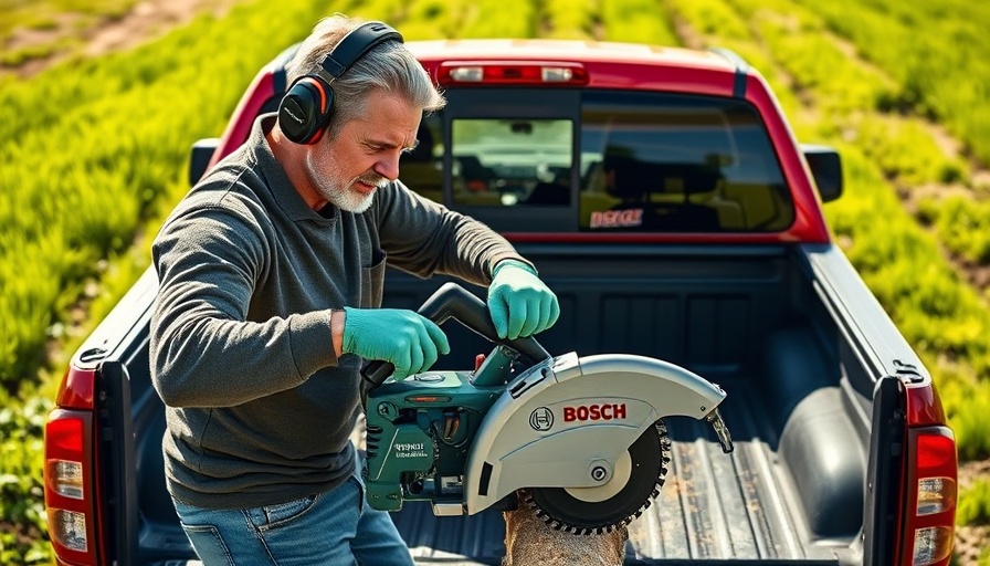 Man using Bosch 18V Cordless Dry Cut Saw on pickup truck outdoors.