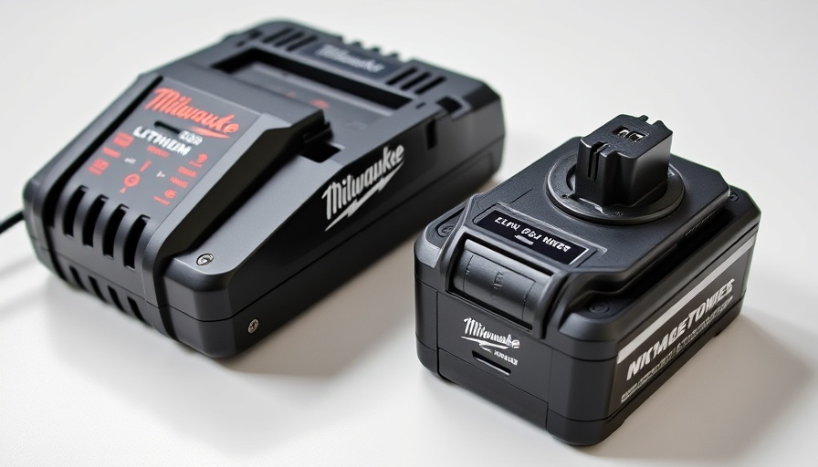 Milwaukee battery deals: two lithium batteries and red charger on white background.