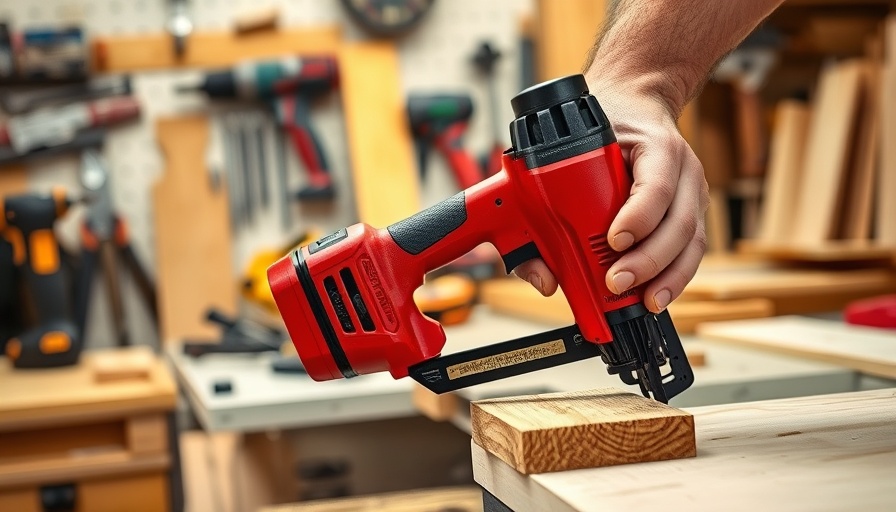 Close-up of hands using a cordless nailer in a workshop.