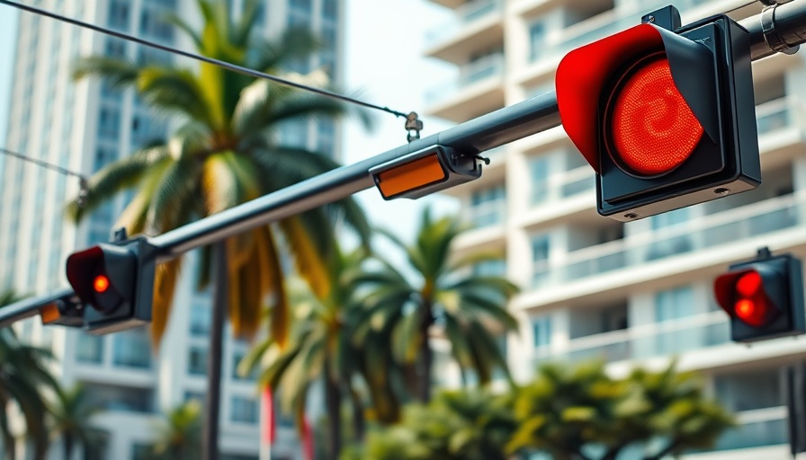 Horizontal traffic lights with palm trees in background on a sunny day