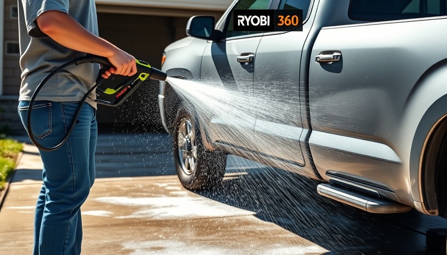 Ryobi High Flow Pressure Washer cleaning truck outdoors.