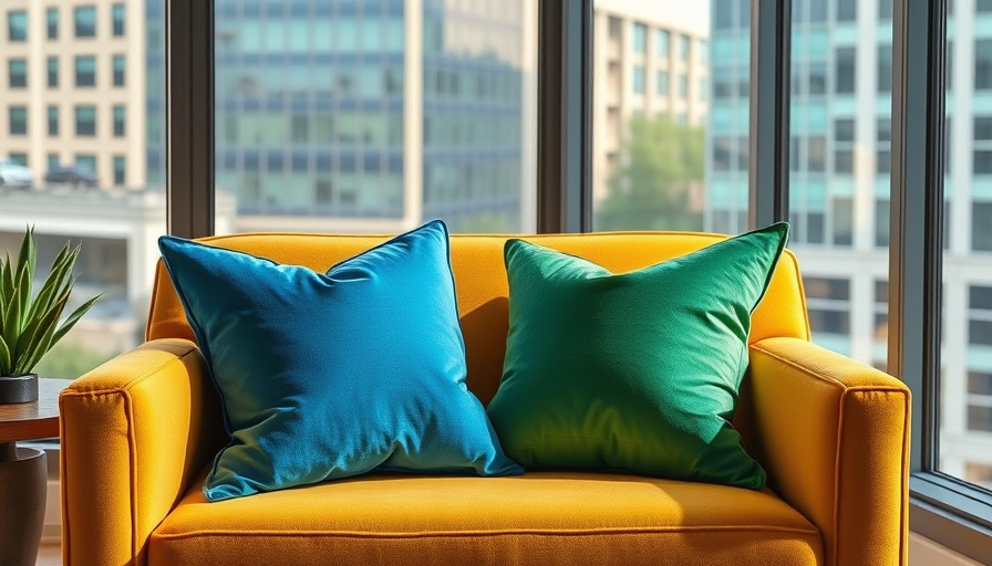 Decorative washable pillows on stylish mustard chair, bright room.