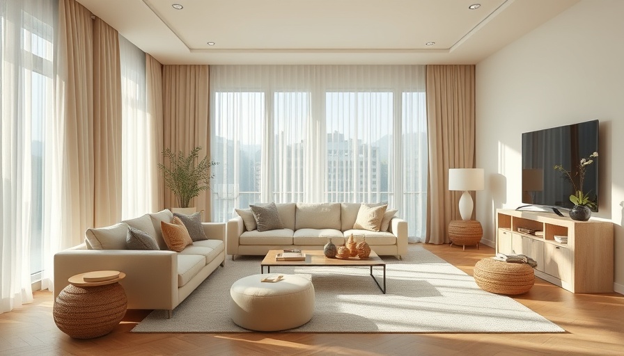 Warm modern living room with cream decor and soft lighting.