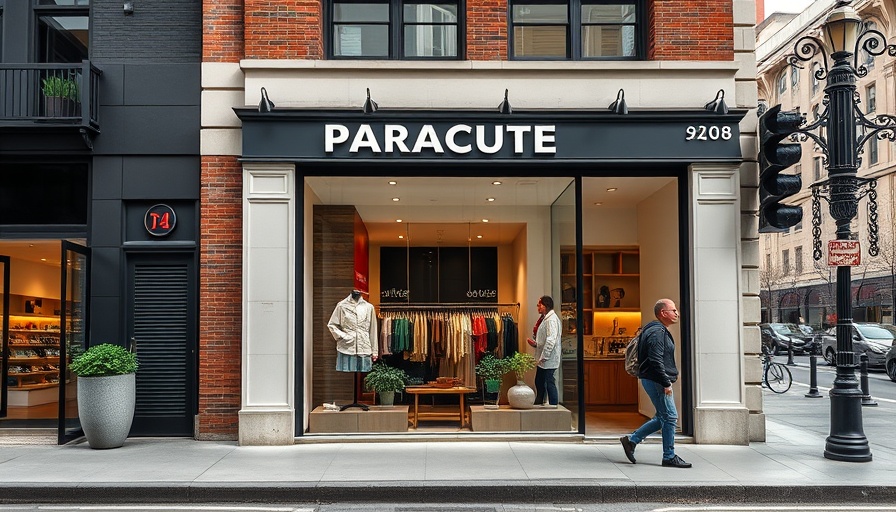Parachute store storefront with passerby in urban setting.