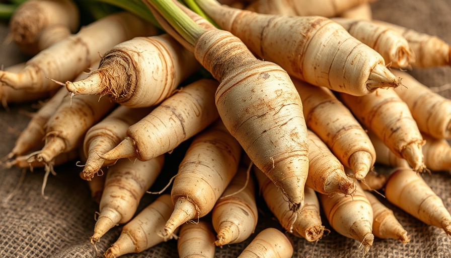 Freshly harvested horseradish roots close-up, natural pile.