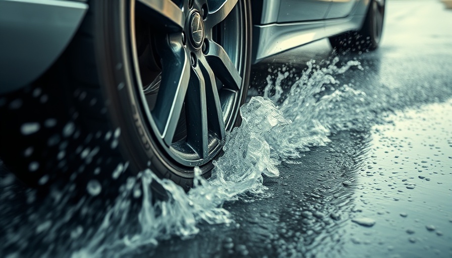 Close-up of a car tire driving on a wet road, illustrating hydroplaning.