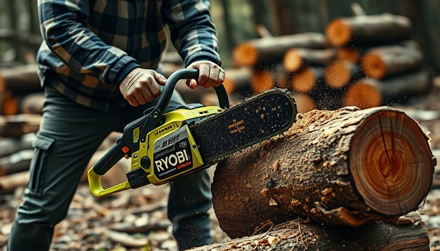 Person using Ryobi 40V 16-inch chainsaw in a wooded area.
