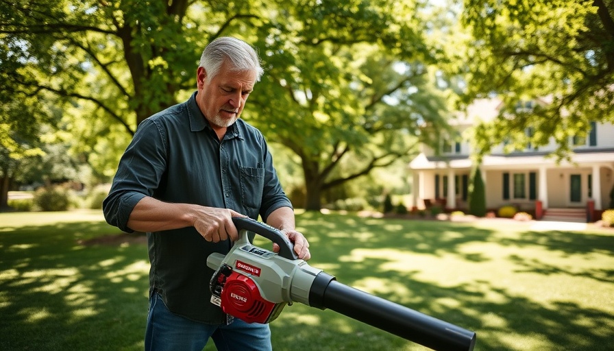 Man using Craftsman V20 Brushless RP Blower for yard cleanup on a sunny day.