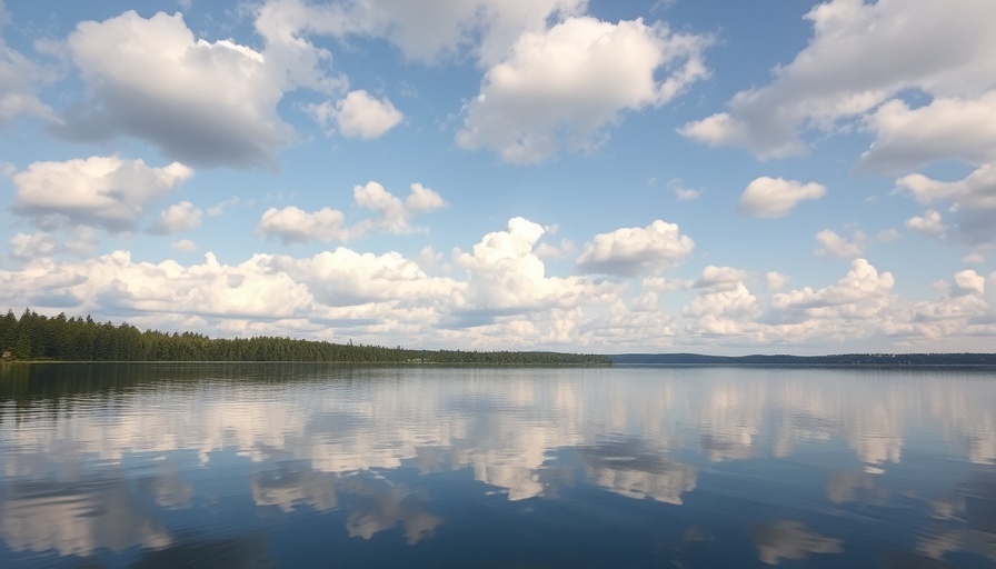 Serene waterscape with sky and trees reflecting on water.